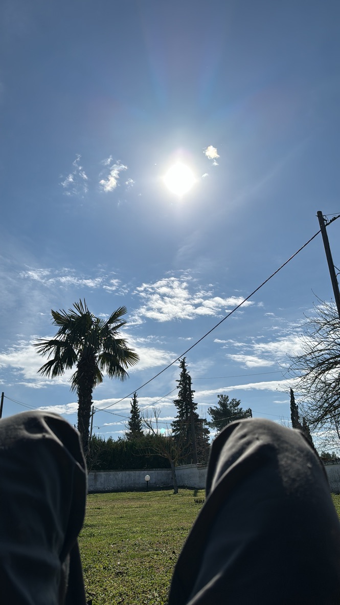 Blauer Himmel und Palme im Dorf unserer Familie