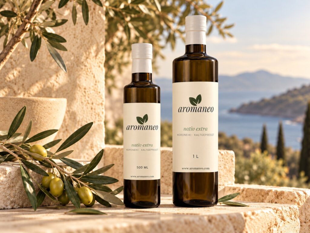 aromaneo Bio-Olivenöl nativ extra Koroneiki in der 500-ml- und 1-l-Flasche vor griechischer Küste